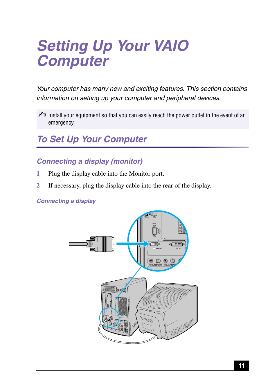 Setting up your vaio computer, Connecting a display (monitor) | Sony PCV-MXS10 User Manual | Page 11 / 32