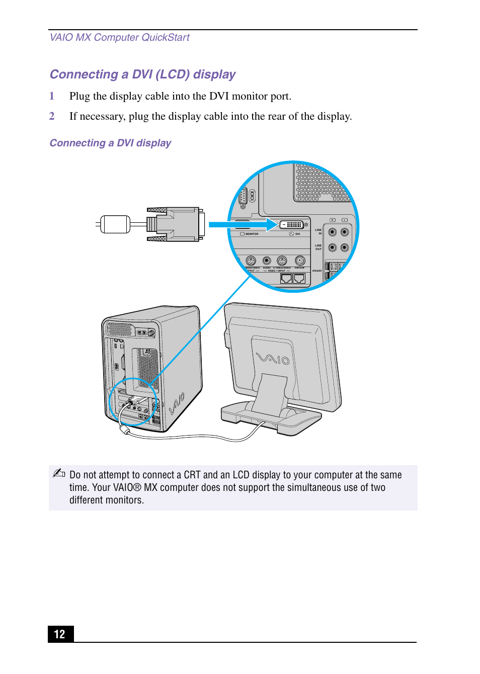 Connecting a dvi (lcd) display, Vaio mx computer quickstart, Connecting a dvi display | Sony PCV-MXS10 User Manual | Page 12 / 32