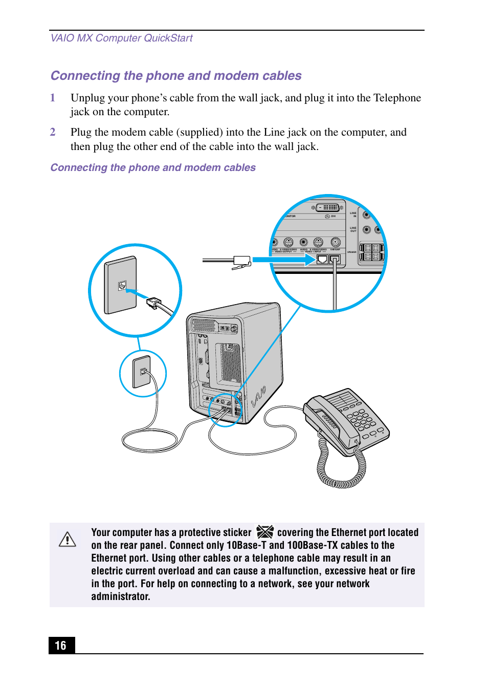 Connecting the phone and modem cables, Vaio mx computer quickstart | Sony PCV-MXS10 User Manual | Page 16 / 32