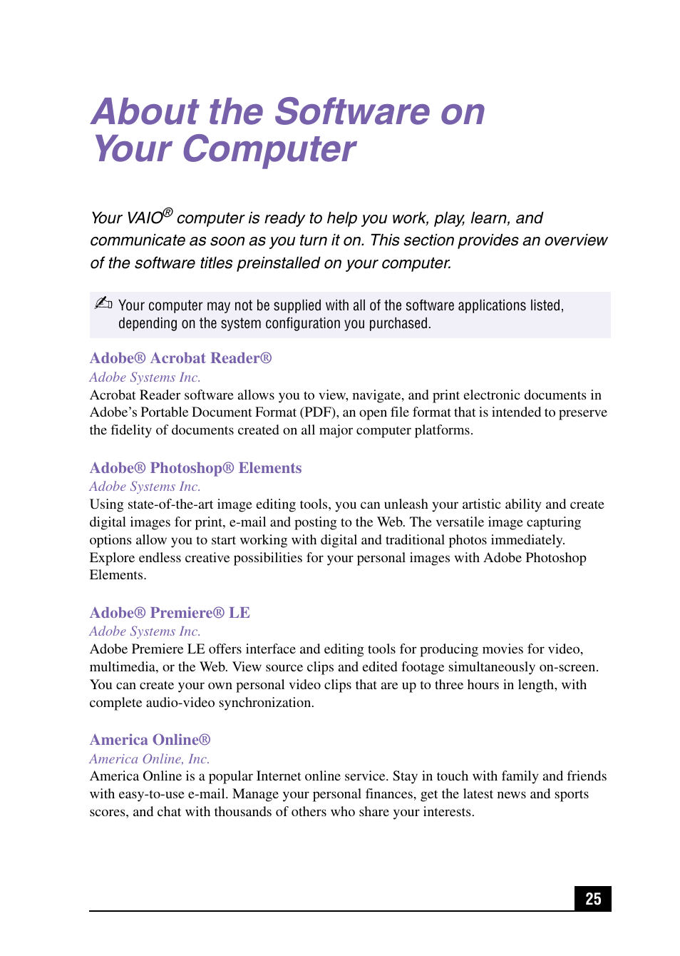 About the software on your computer | Sony PCV-MXS10 User Manual | Page 25 / 32