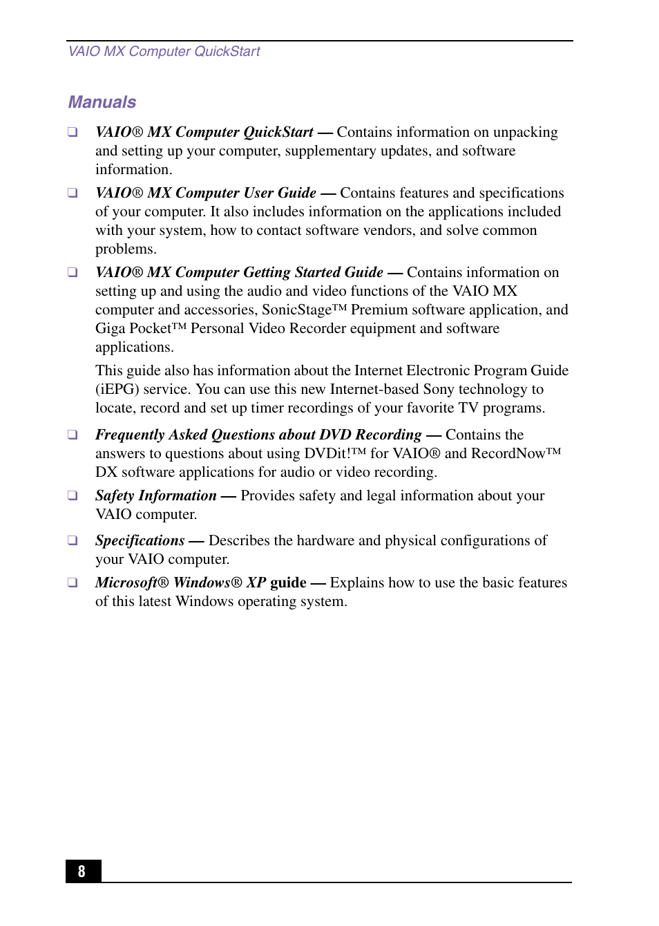Sony PCV-MXS10 User Manual | Page 8 / 32