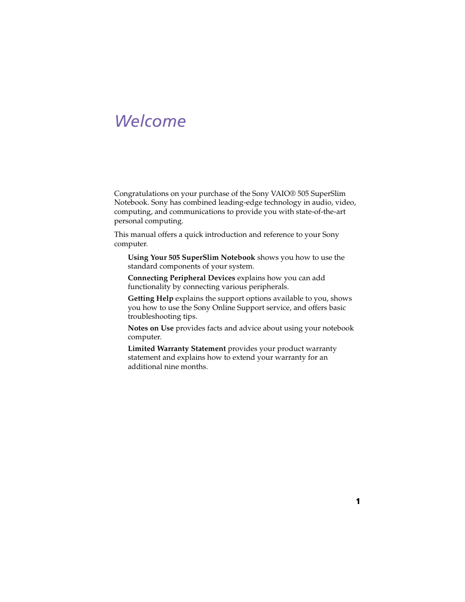 Welcome | Sony PCG-505F User Manual | Page 13 / 118