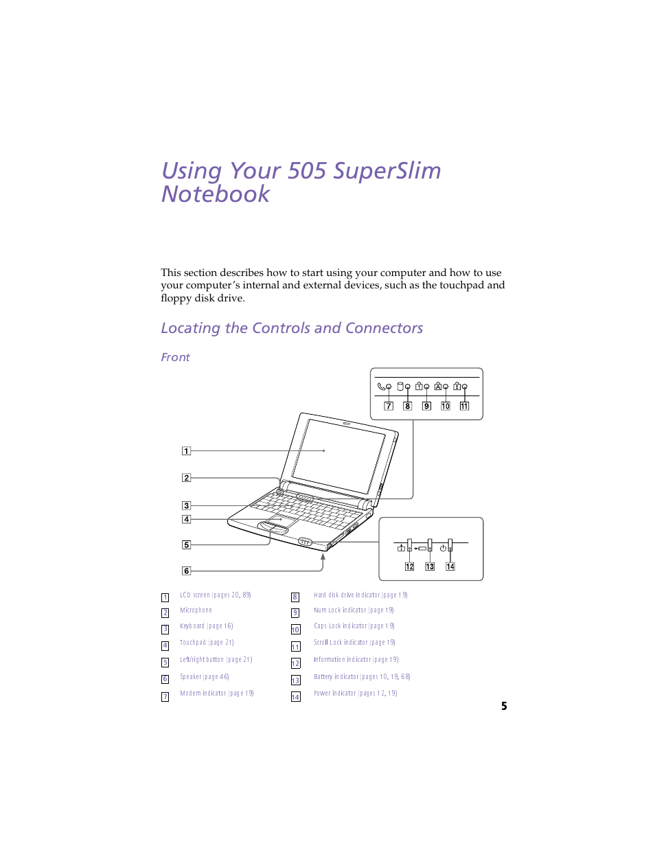 Using your 505 superslim notebook, Locating the controls and connectors, Front | Sony PCG-505F User Manual | Page 17 / 118