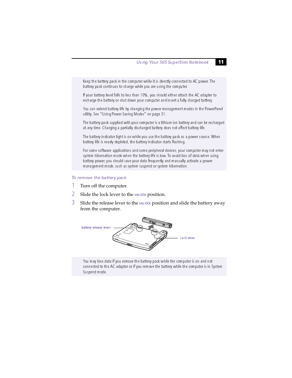 To remove the battery pack | Sony PCG-505F User Manual | Page 23 / 118