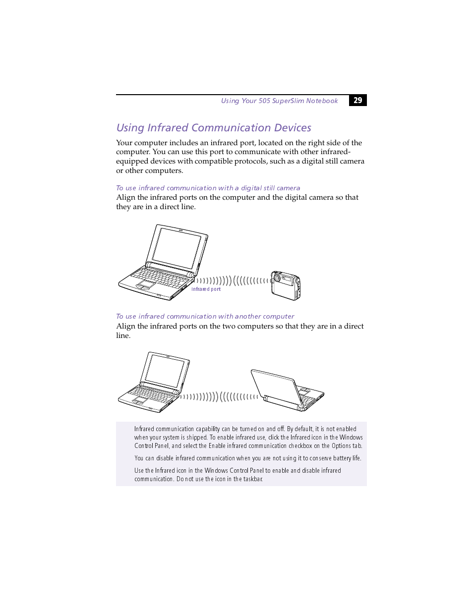 Using infrared communication devices, To use infrared communication with a digital still, To use infrared communication with another compute | Sony PCG-505F User Manual | Page 41 / 118