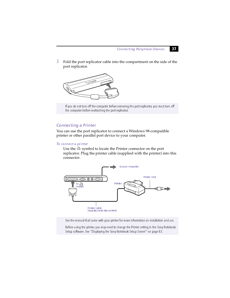 Connecting a printer, To connect a printer | Sony PCG-505F User Manual | Page 49 / 118