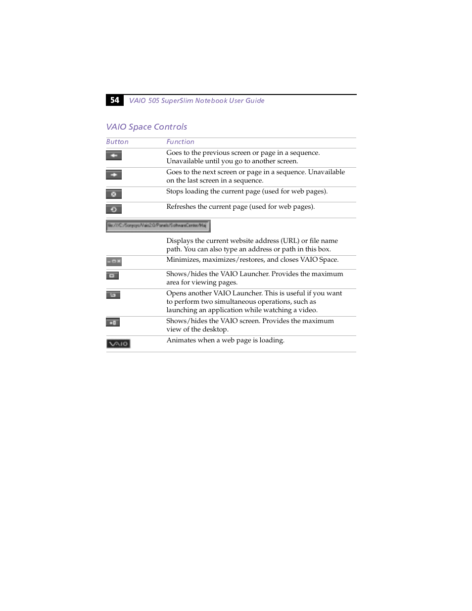 Vaio space controls | Sony PCG-505F User Manual | Page 66 / 118