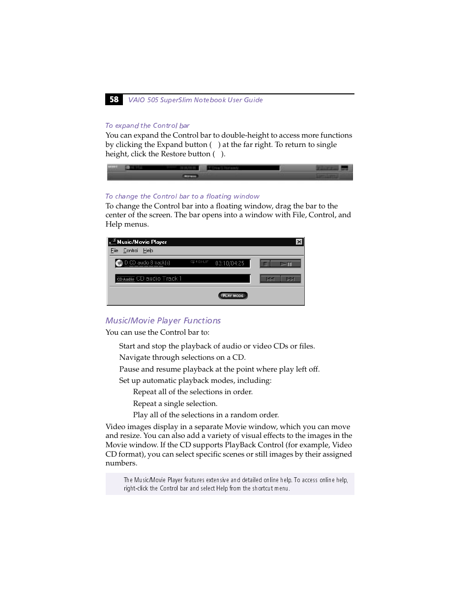 To expand the control bar, To change the control bar to a floating window, Music/movie player functions | Sony PCG-505F User Manual | Page 70 / 118