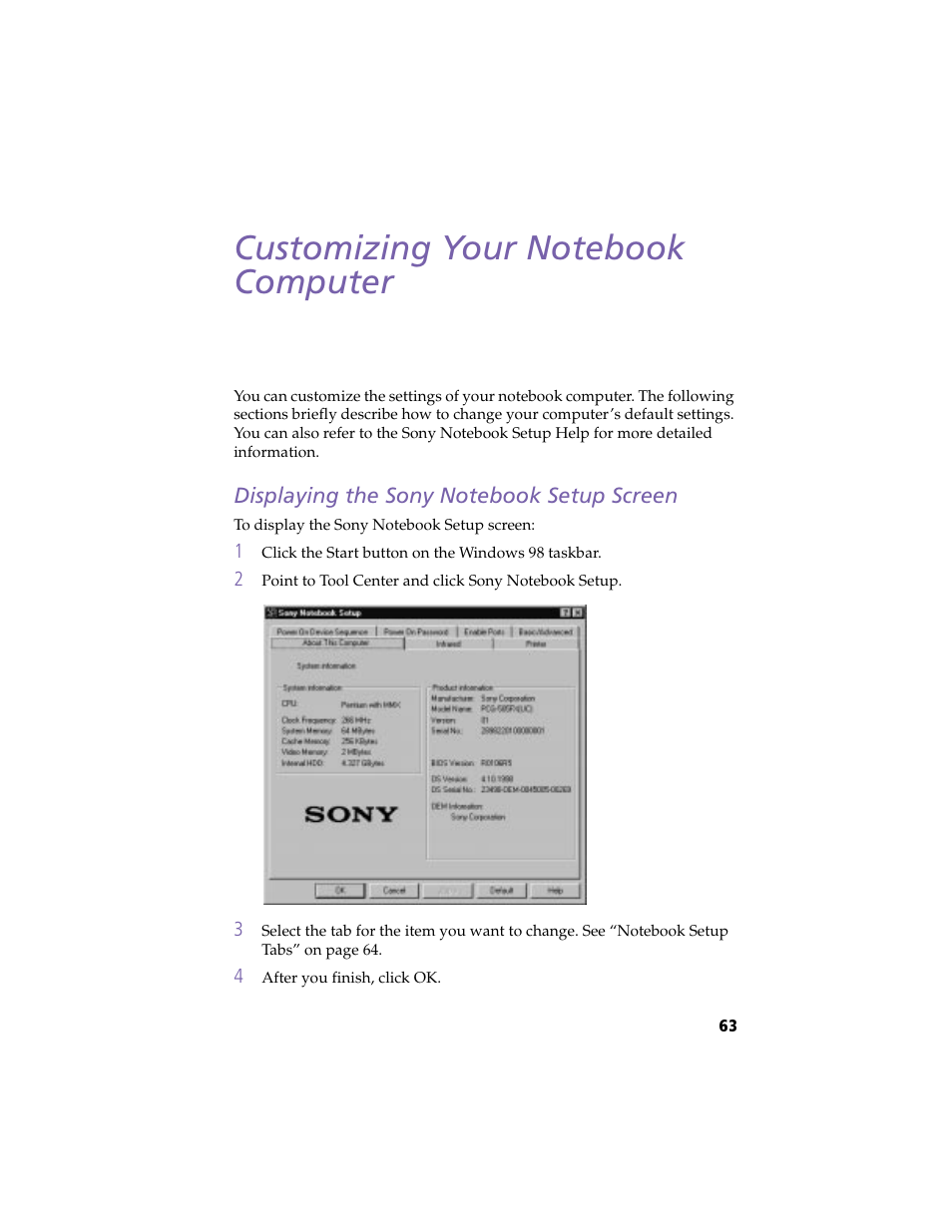 Customizing your notebook computer, Displaying the sony notebook setup screen | Sony PCG-505F User Manual | Page 75 / 118