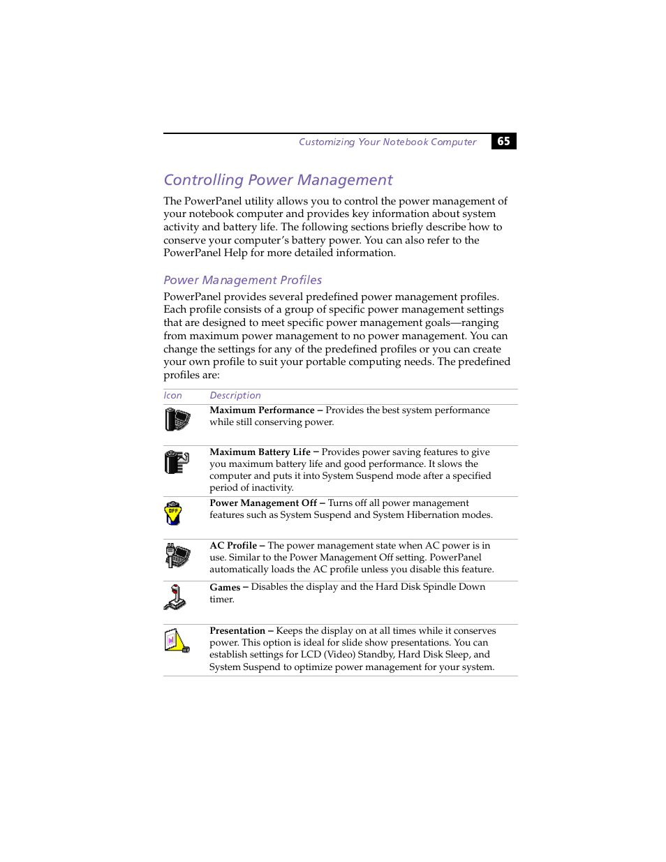 Controlling power management, Power management profiles | Sony PCG-505F User Manual | Page 77 / 118