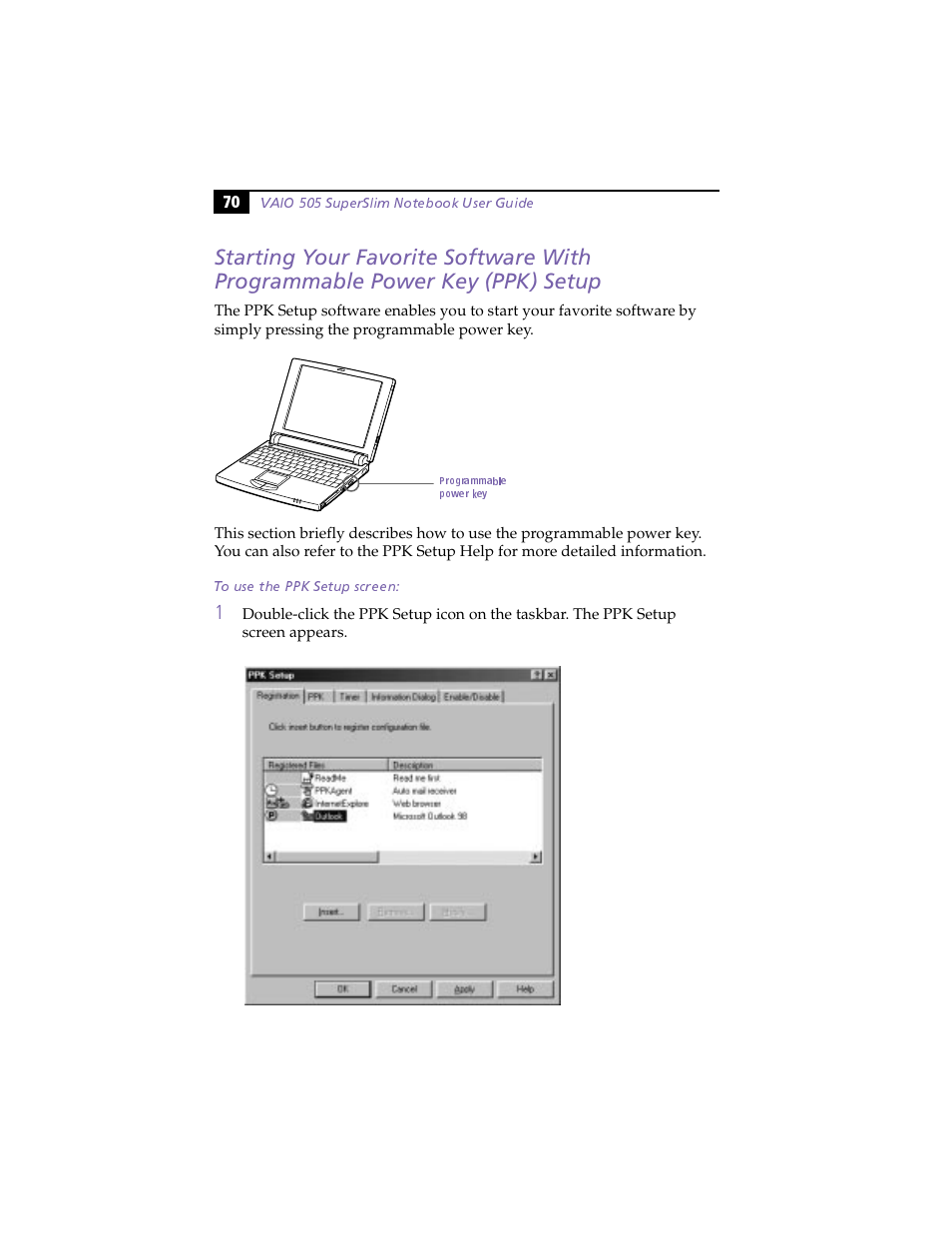 Starting your favorite software with programmable, To use the ppk setup screen | Sony PCG-505F User Manual | Page 82 / 118