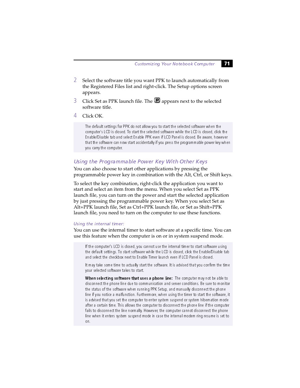 Using the programmable power key with other keys, Using the internal timer | Sony PCG-505F User Manual | Page 83 / 118