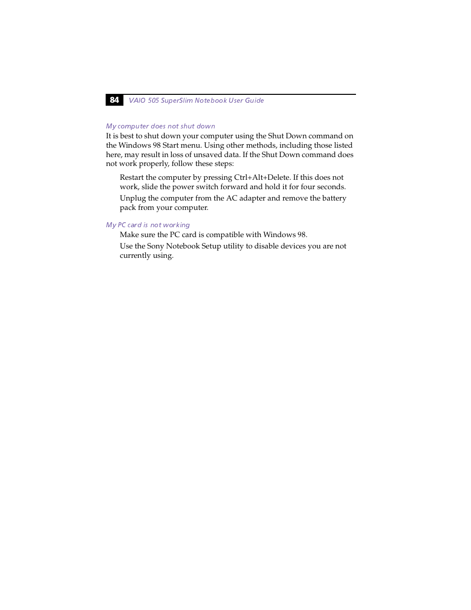 My computer does not shut down, My pc card is not working | Sony PCG-505F User Manual | Page 96 / 118
