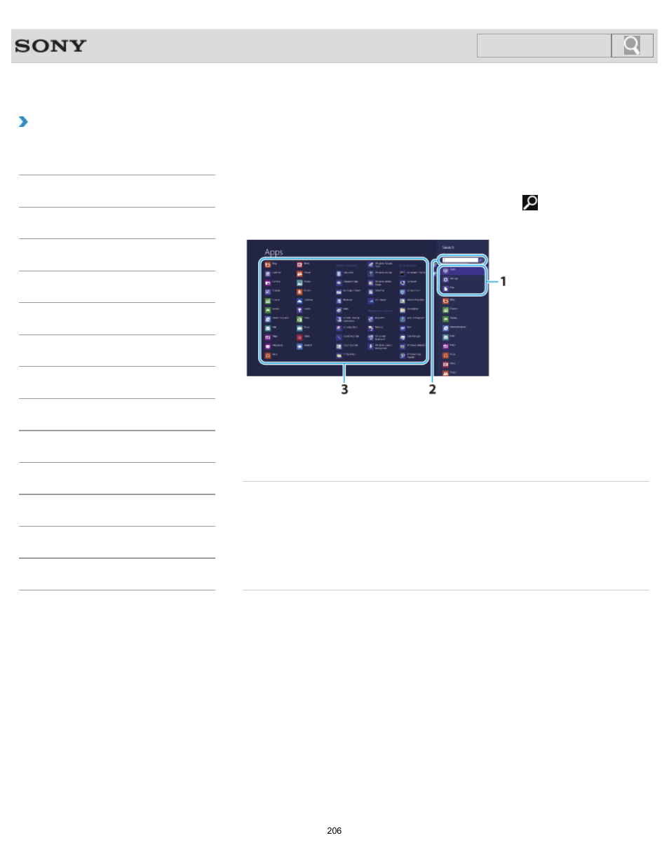 Searching/starting apps, settings, or files, How to use, Search | Sony SVL241290X User Manual | Page 206 / 535