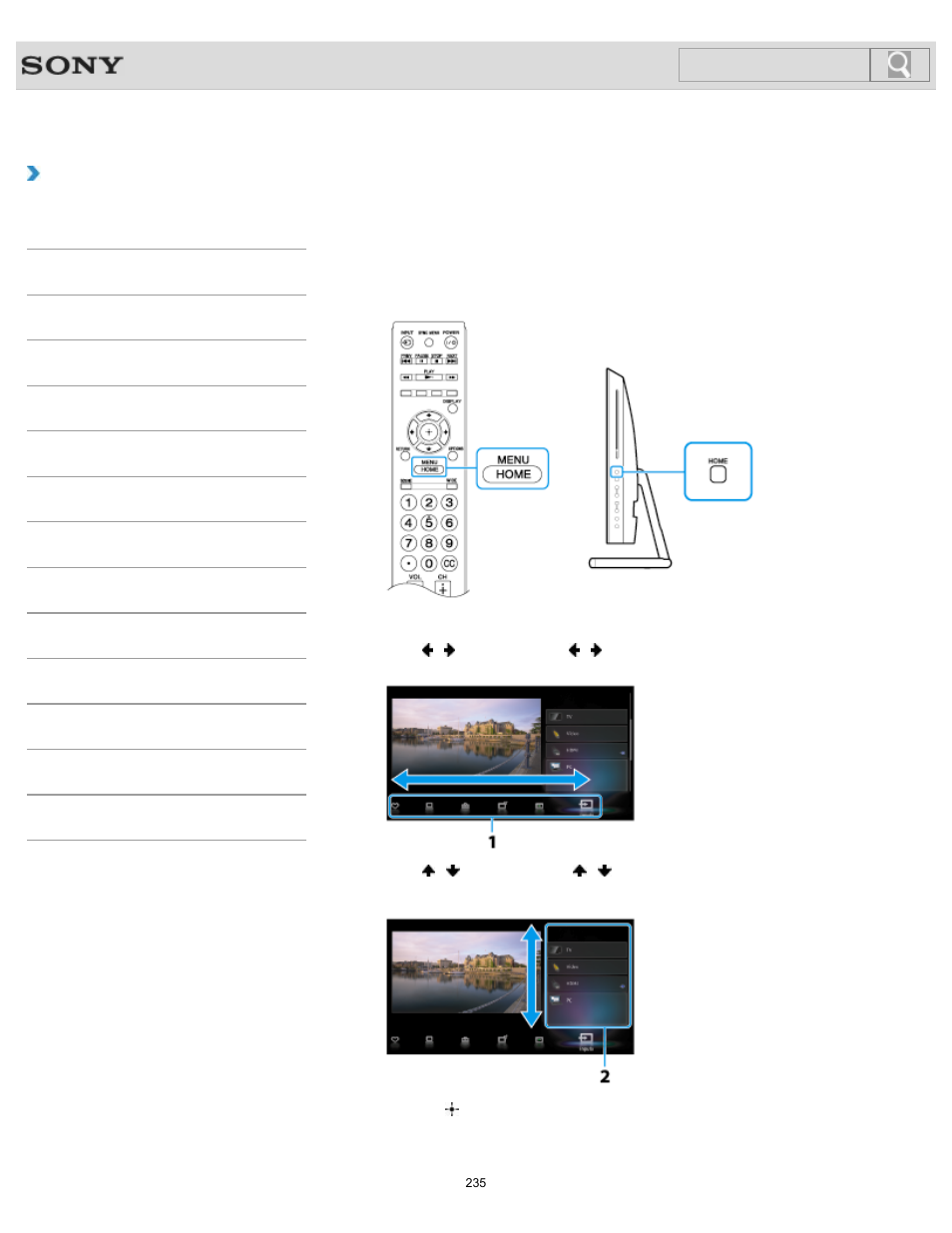 Displaying the menu screen (monitor function), How to use, Search | Sony SVL241290X User Manual | Page 235 / 535