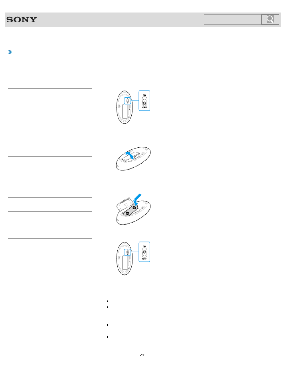 Replacing the aa battery of the mouse, How to use, Search | Sony SVL241290X User Manual | Page 291 / 535