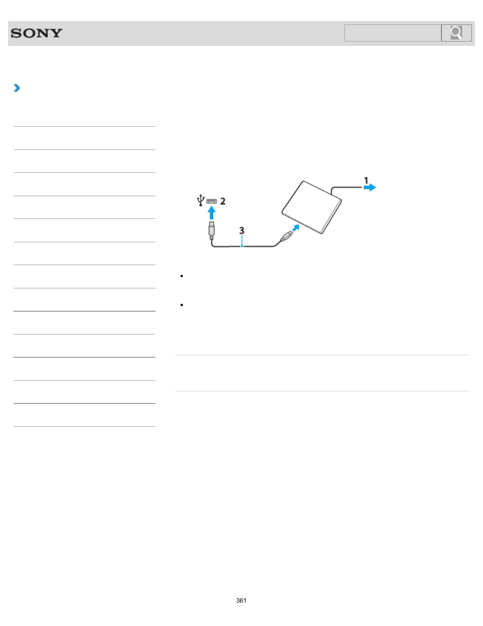 Connecting an external drive, How to use, Search | Sony SVL241290X User Manual | Page 361 / 535