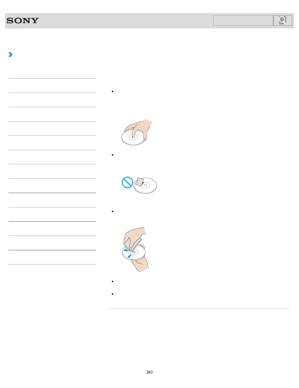 Handling discs<optical disc drive equipped models, How to use, Handling discs <optical disc drive equipped models | Search | Sony SVL241290X User Manual | Page 363 / 535
