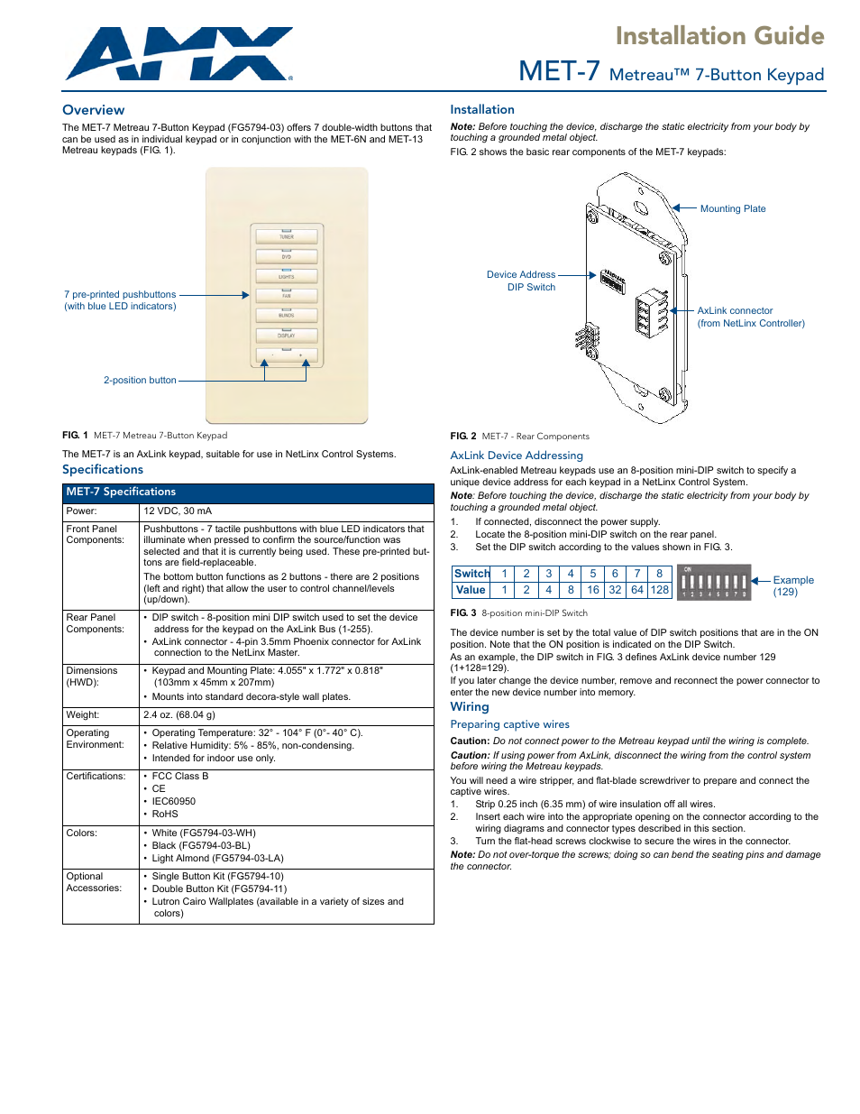 AMX Metreau 7-Button Keypad MET-7 User Manual | 2 pages