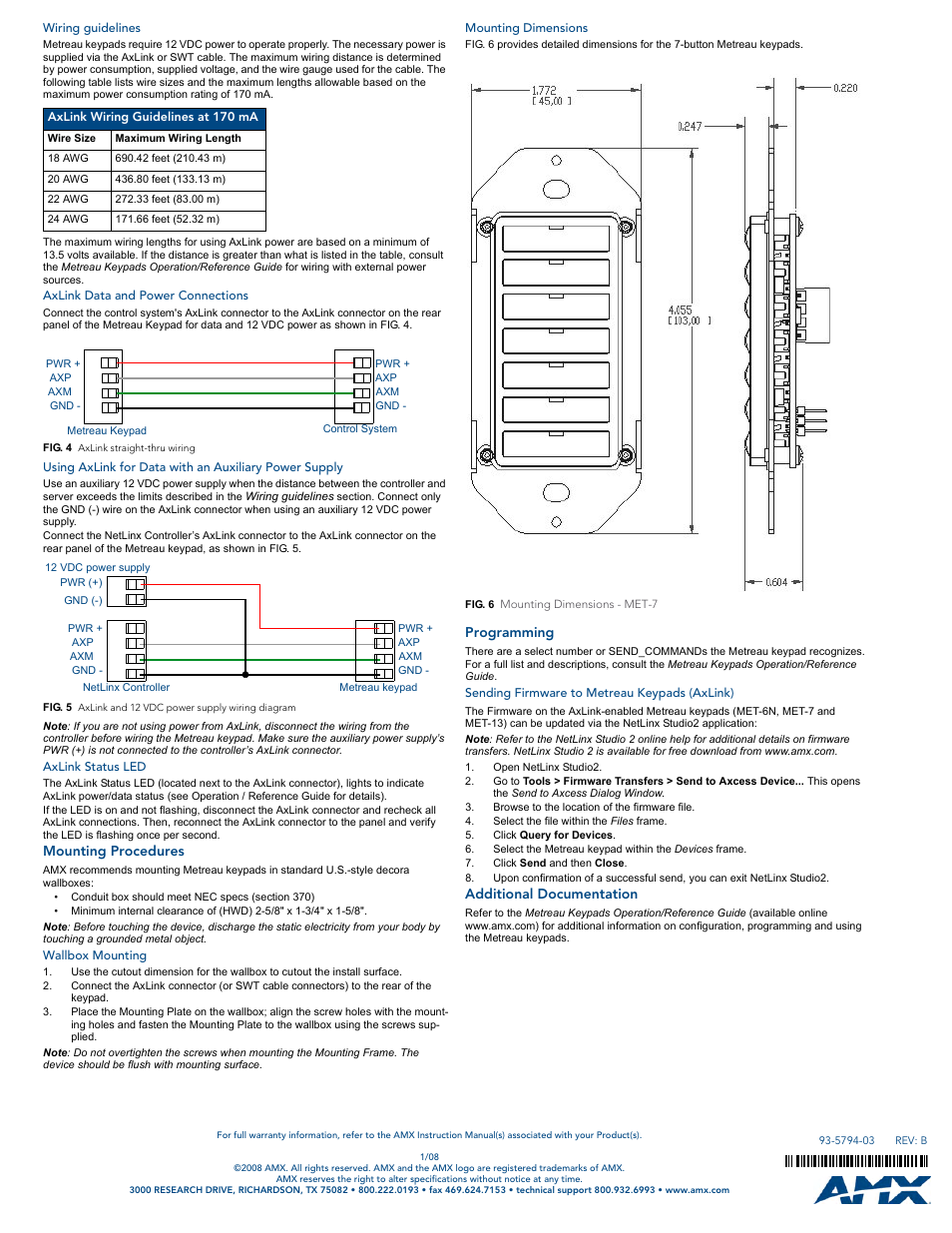 Wiring guidelines, Axlink data and power connections, Axlink status led | Mounting procedures, Wallbox mounting, Mounting dimensions, Programming, Sending firmware to metreau keypads (axlink), Additional documentation | AMX Metreau 7-Button Keypad MET-7 User Manual | Page 2 / 2