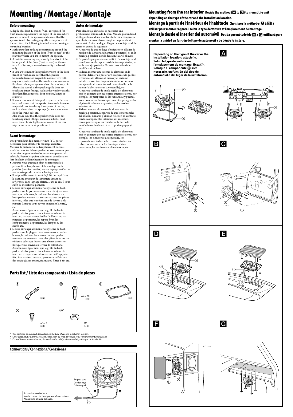Mounting / montage / montaje, Mounting from the car interior, Montage à partir de l’intérieur de l’habitacle | Montaje desde el interior del automóvil | Sony XS-R4644 User Manual | Page 2 / 2