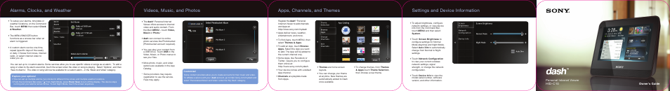 Apps, channels, and themes, Alarms, clocks, and weather, Videos, music, and photos | Settings and device information, Hid-c10 | Sony HID-C10 User Manual | Page 2 / 2