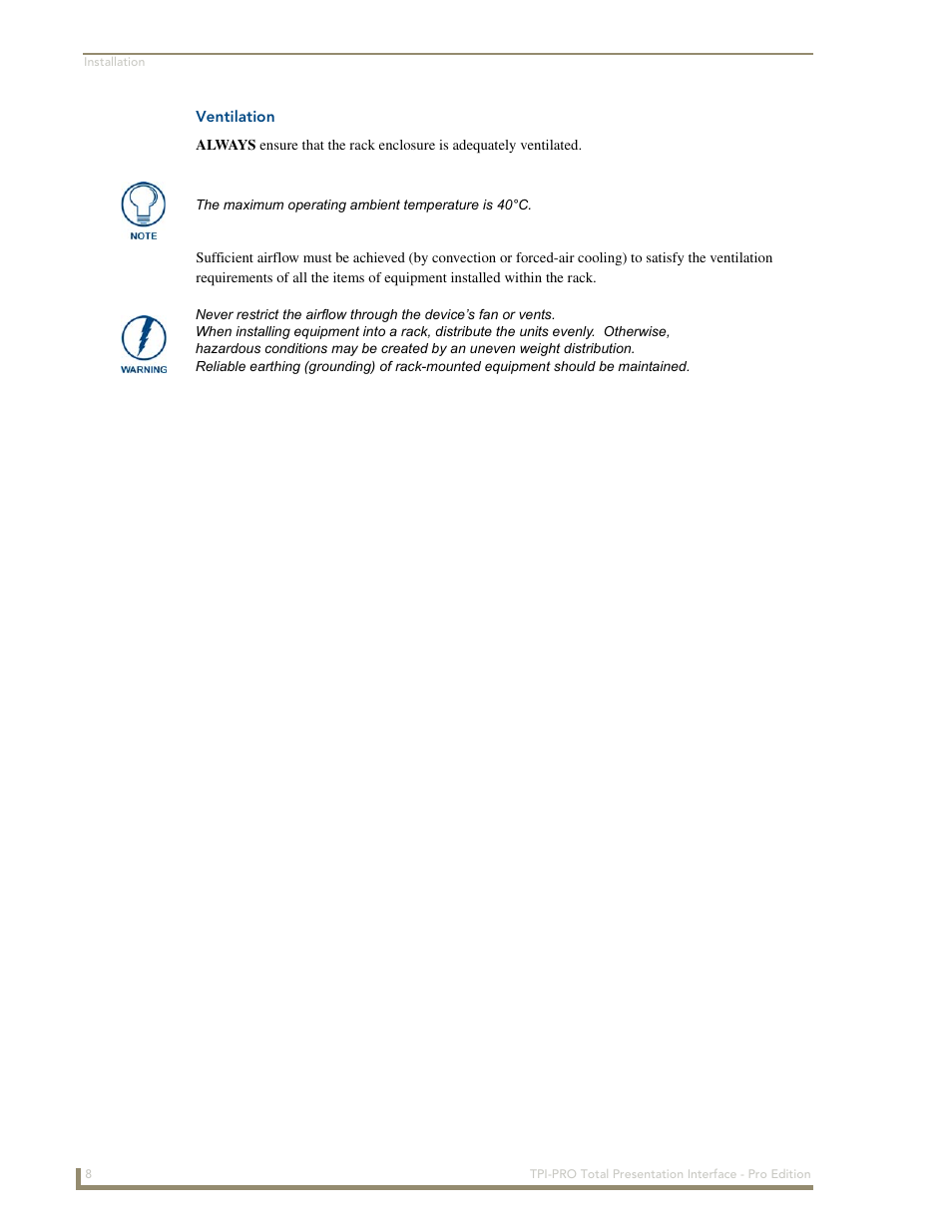 Ventilation | AMX TPI-PRO-2 User Manual | Page 14 / 148