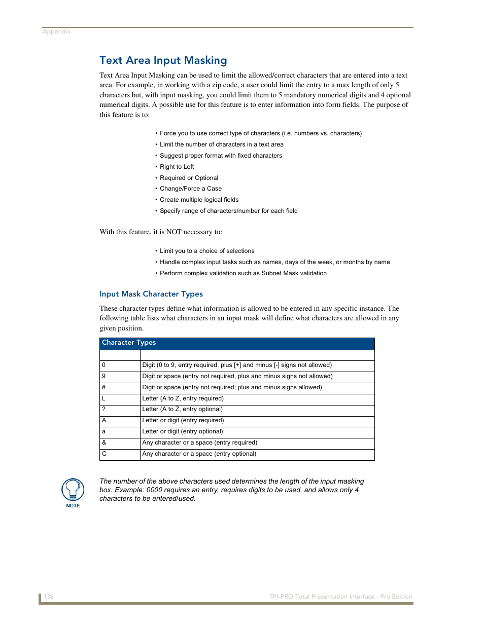 Text area input masking, Input mask character types | AMX TPI-PRO-2 User Manual | Page 142 / 148