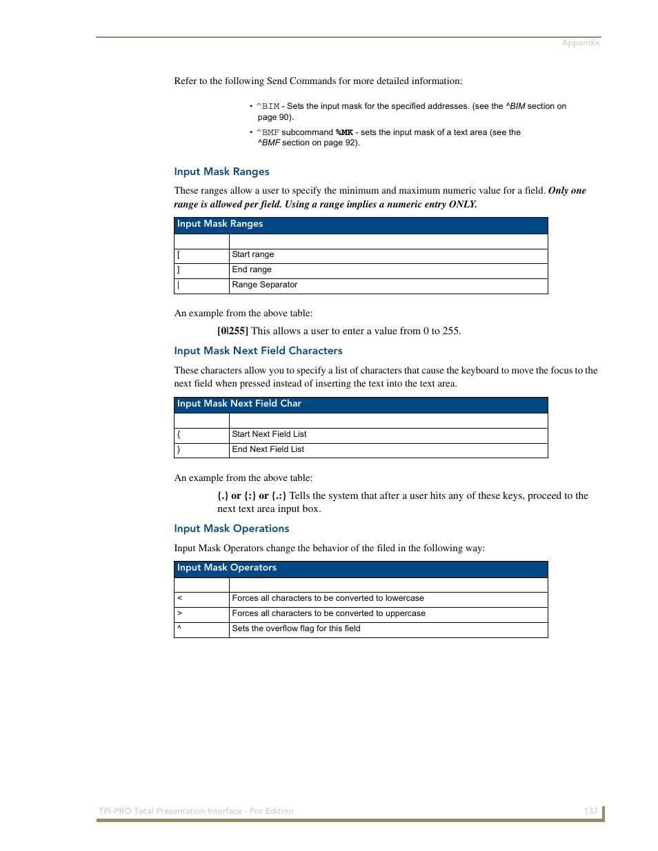 Input mask ranges, Input mask next field characters, Input mask operations | AMX TPI-PRO-2 User Manual | Page 143 / 148