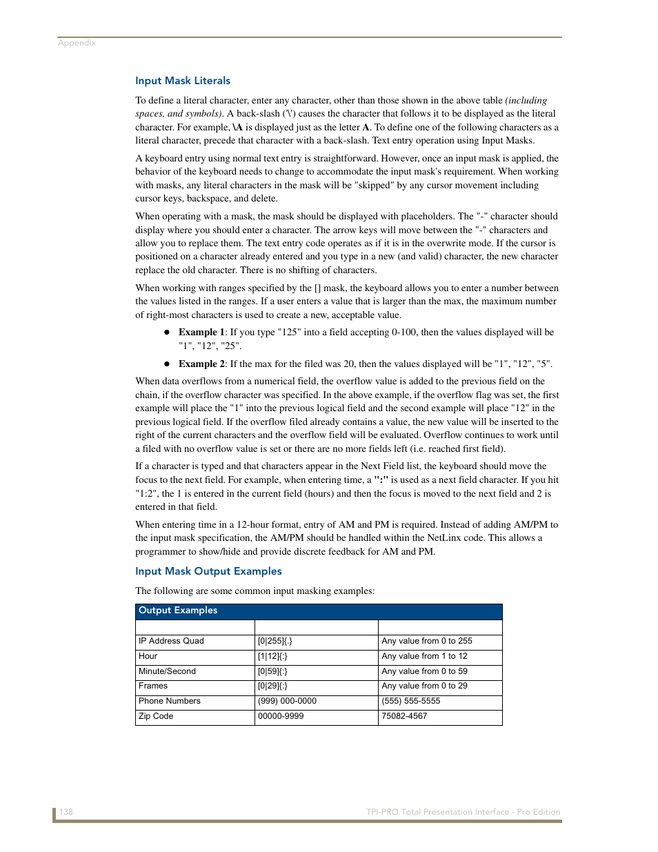 Input mask literals, Input mask output examples | AMX TPI-PRO-2 User Manual | Page 144 / 148