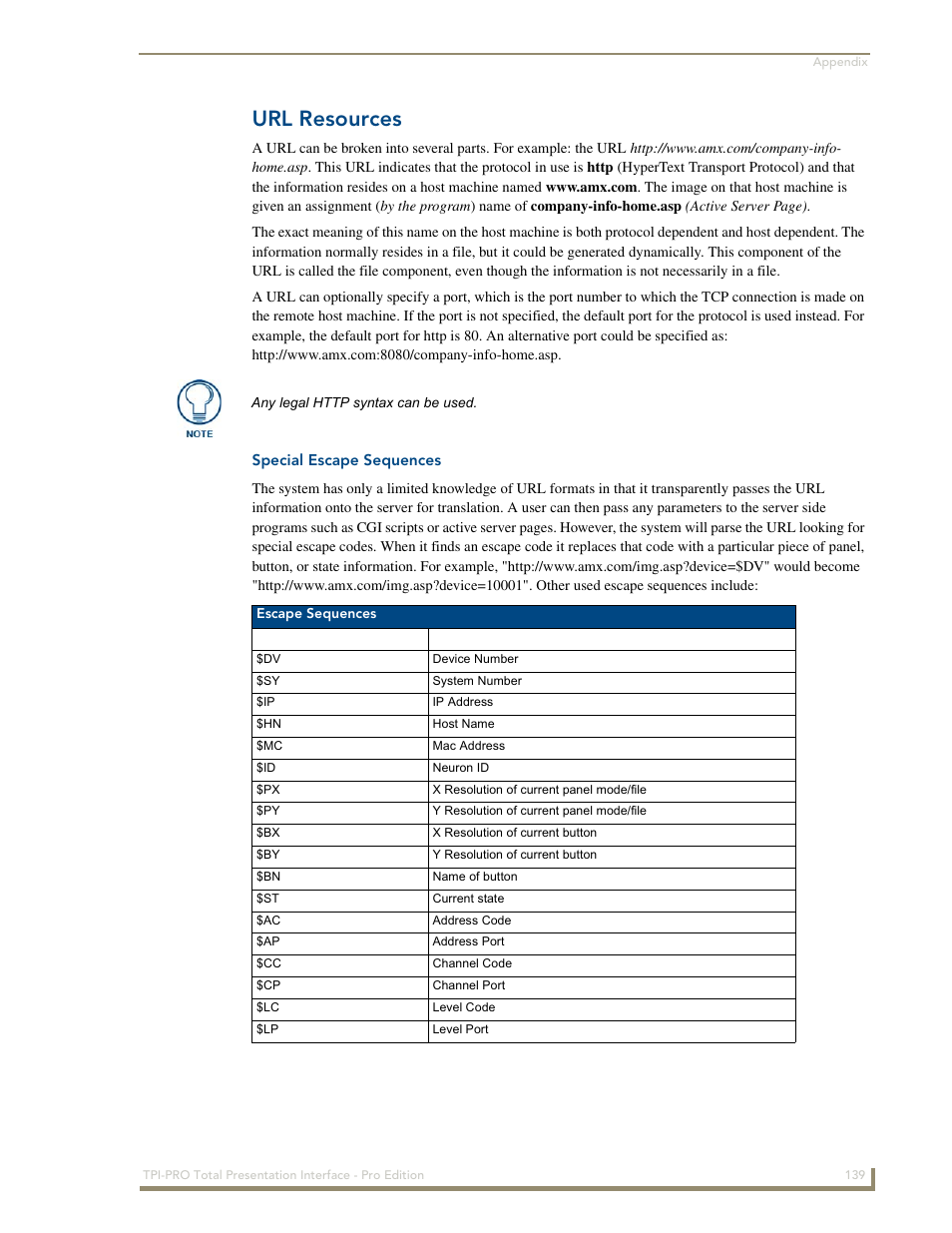 Url resources, Special escape sequences | AMX TPI-PRO-2 User Manual | Page 145 / 148