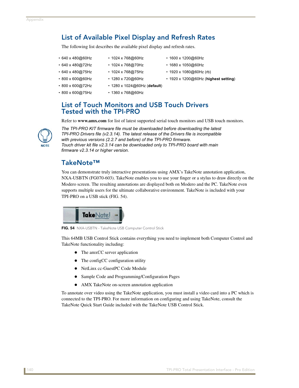 List of available pixel display and refresh rates, Takenote, List of touch monitors and usb touch drivers | Tested with the tpi-pro | AMX TPI-PRO-2 User Manual | Page 146 / 148