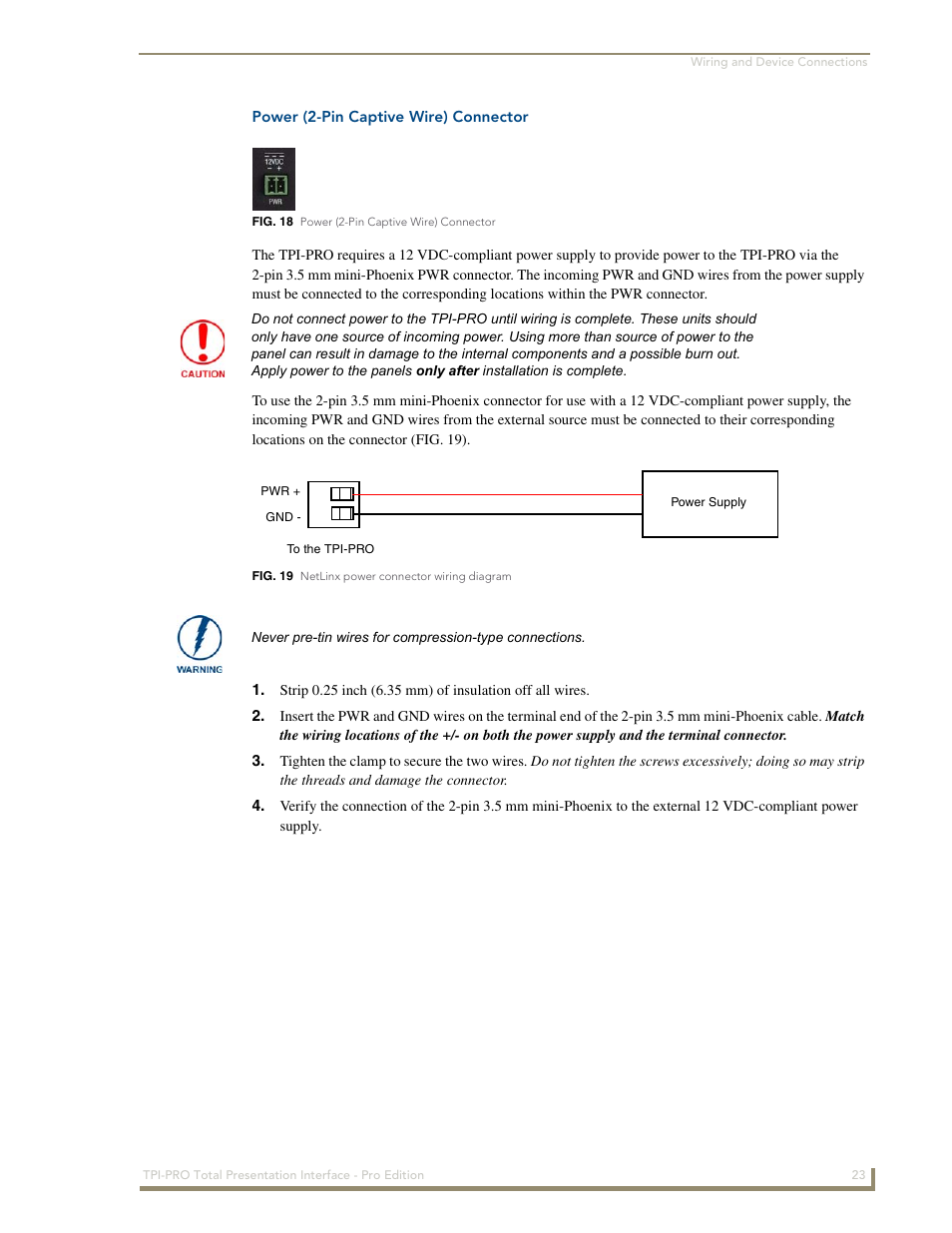 Power (2-pin captive wire) connector | AMX TPI-PRO-2 User Manual | Page 29 / 148