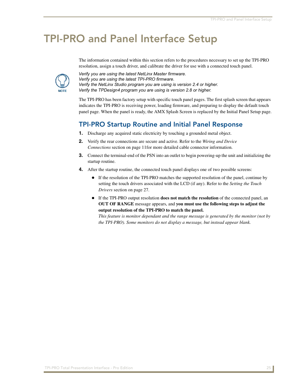 Tpi-pro and panel interface setup, Tpi-pro startup routine and initial panel response | AMX TPI-PRO-2 User Manual | Page 31 / 148