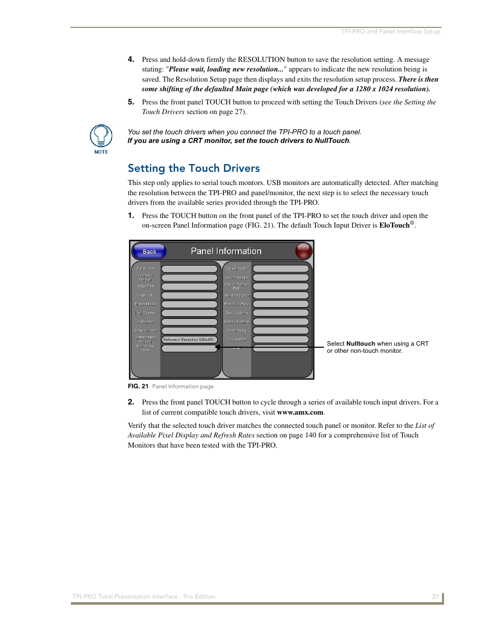 Setting the touch drivers | AMX TPI-PRO-2 User Manual | Page 33 / 148