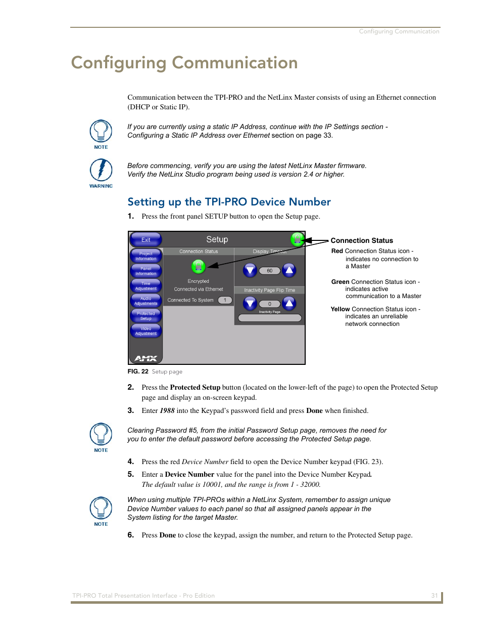 Configuring communication, Setting up the tpi-pro device number | AMX TPI-PRO-2 User Manual | Page 37 / 148