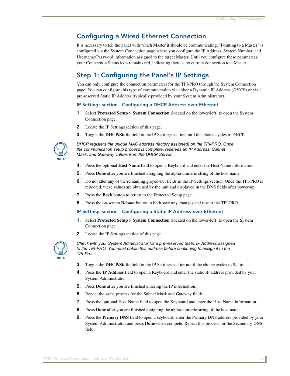 Configuring a wired ethernet connection, Step 1: configuring the panel’s ip settings | AMX TPI-PRO-2 User Manual | Page 39 / 148