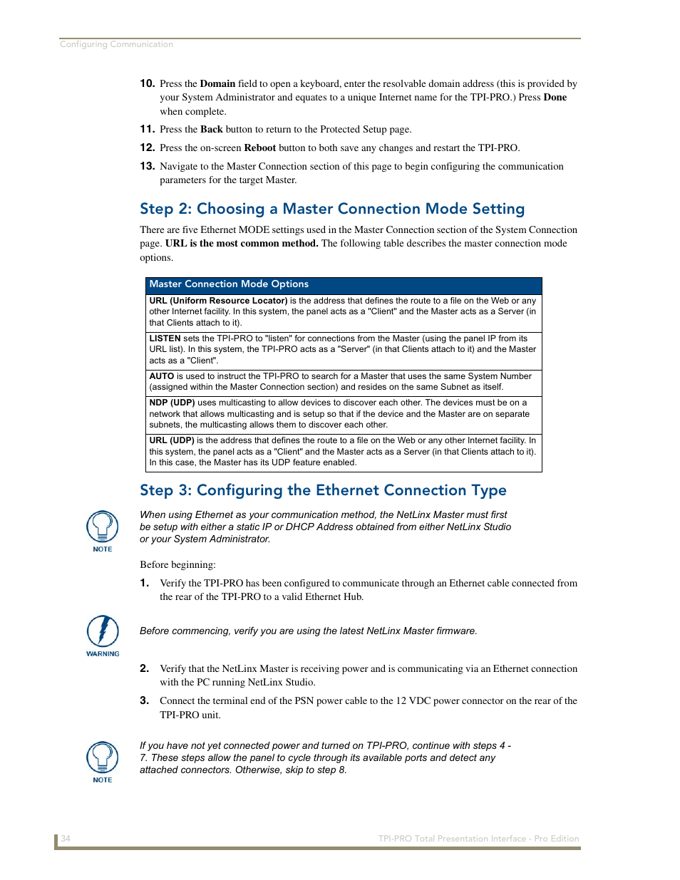 Step 2: choosing a master connection mode setting, Step 3: configuring the ethernet connection type | AMX TPI-PRO-2 User Manual | Page 40 / 148