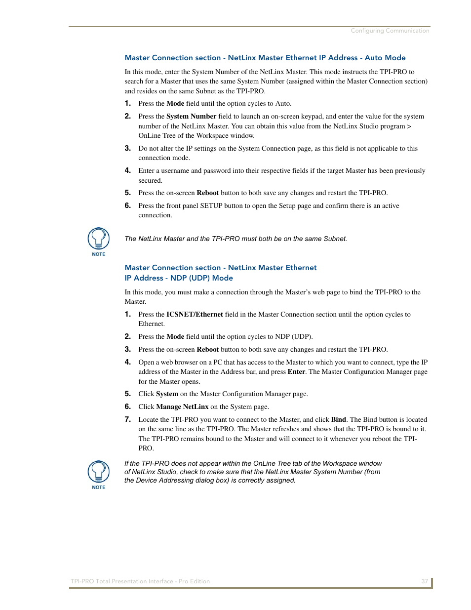 Ip address - ndp (udp) mode, Master connection section - netlinx master | AMX TPI-PRO-2 User Manual | Page 43 / 148