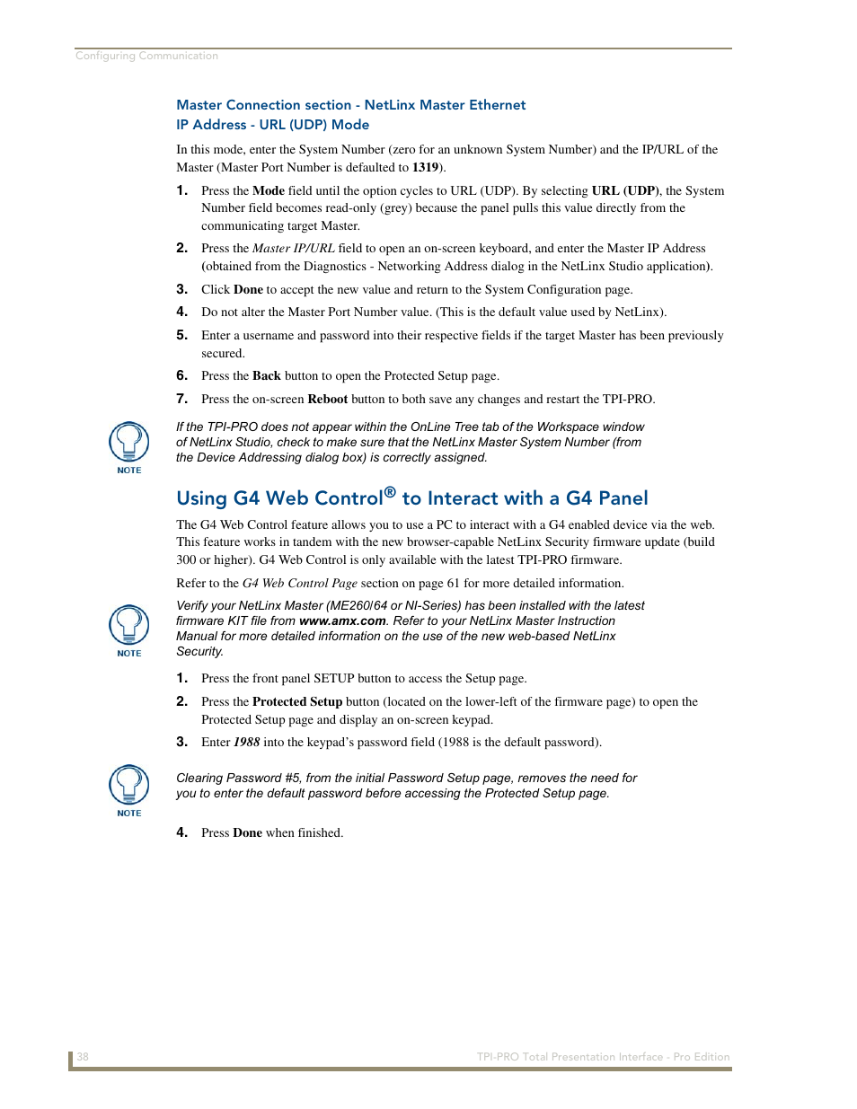 Using g4 web control® to interact with a g4 panel, Ip address - url (udp) mode, He master connection section - netlinx master | Using g4 web control | AMX TPI-PRO-2 User Manual | Page 44 / 148