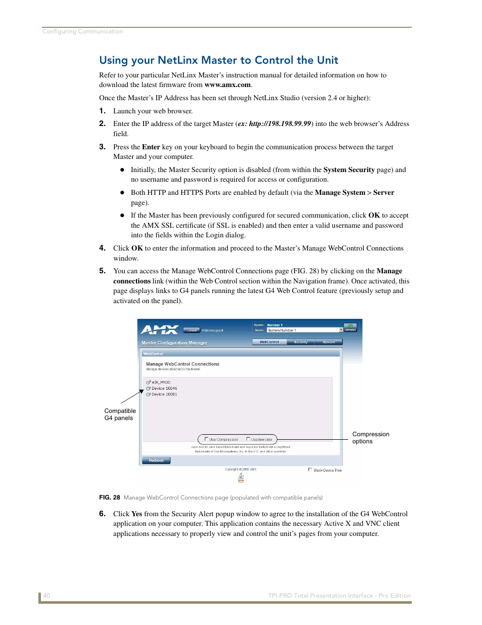 Using your netlinx master to control the unit | AMX TPI-PRO-2 User Manual | Page 46 / 148