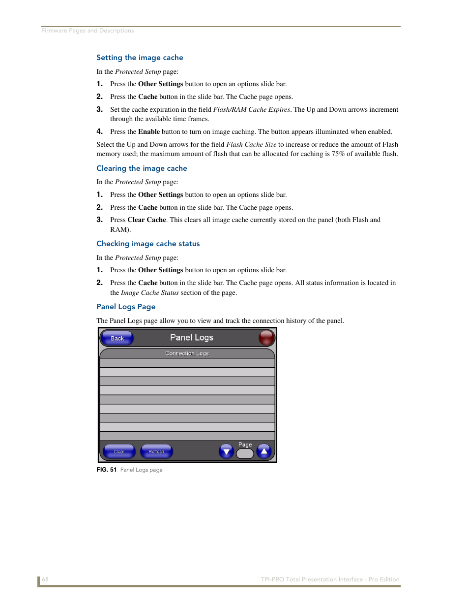 Setting the image cache, Clearing the image cache, Checking image cache status | AMX TPI-PRO-2 User Manual | Page 74 / 148