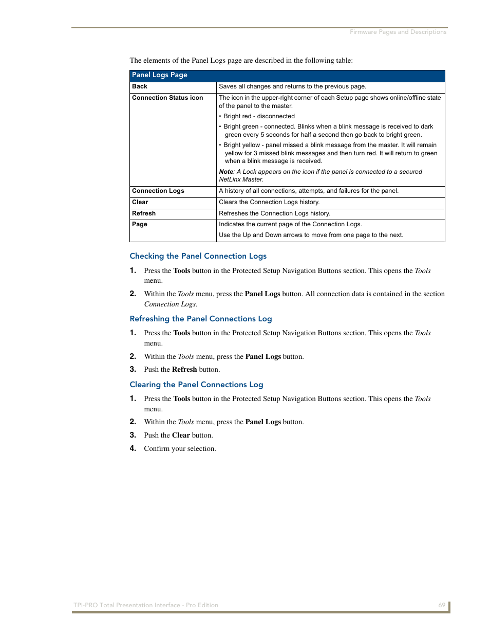 Checking the panel connection logs, Refreshing the panel connections log, Clearing the panel connections log | AMX TPI-PRO-2 User Manual | Page 75 / 148