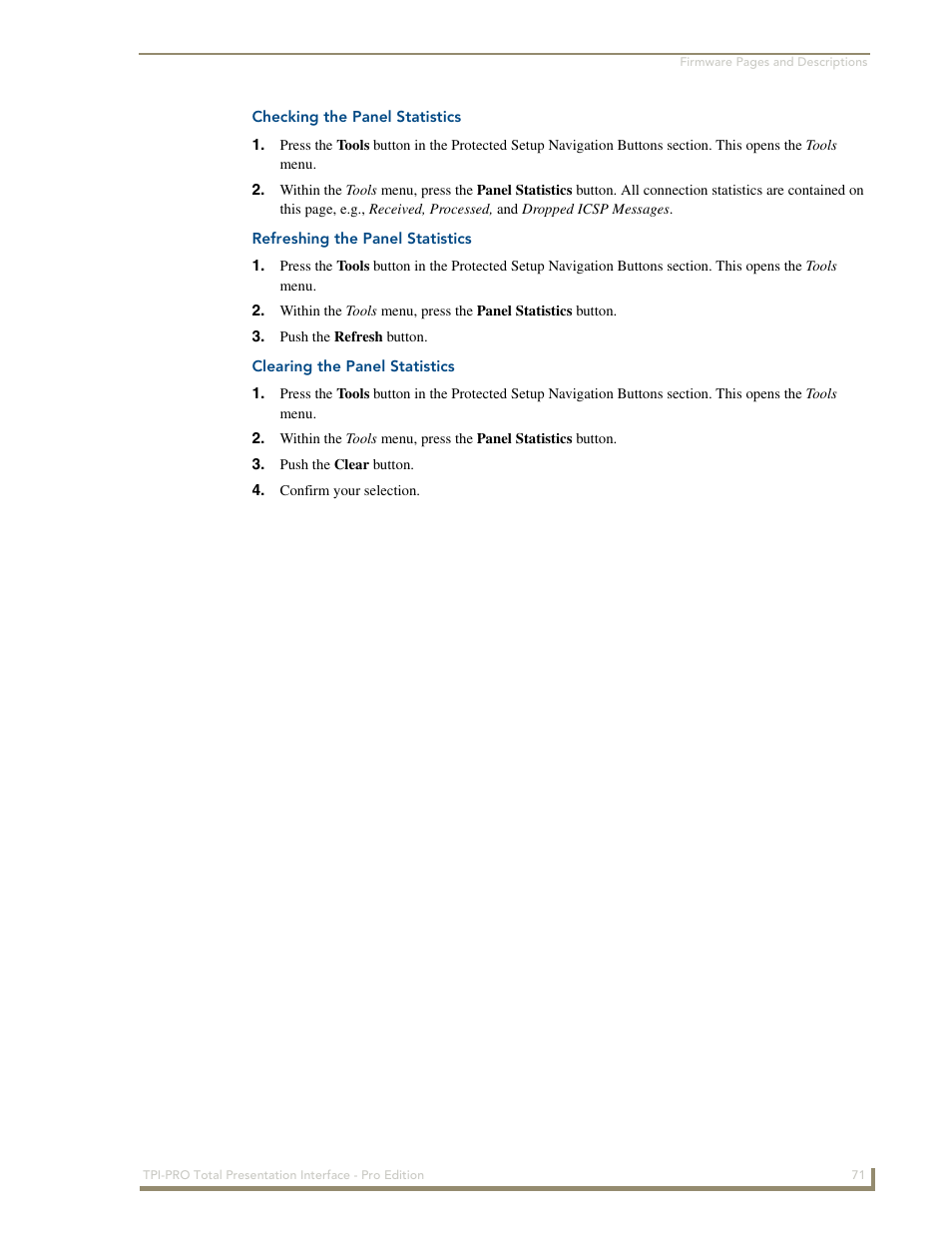 Checking the panel statistics, Refreshing the panel statistics, Clearing the panel statistics | AMX TPI-PRO-2 User Manual | Page 77 / 148