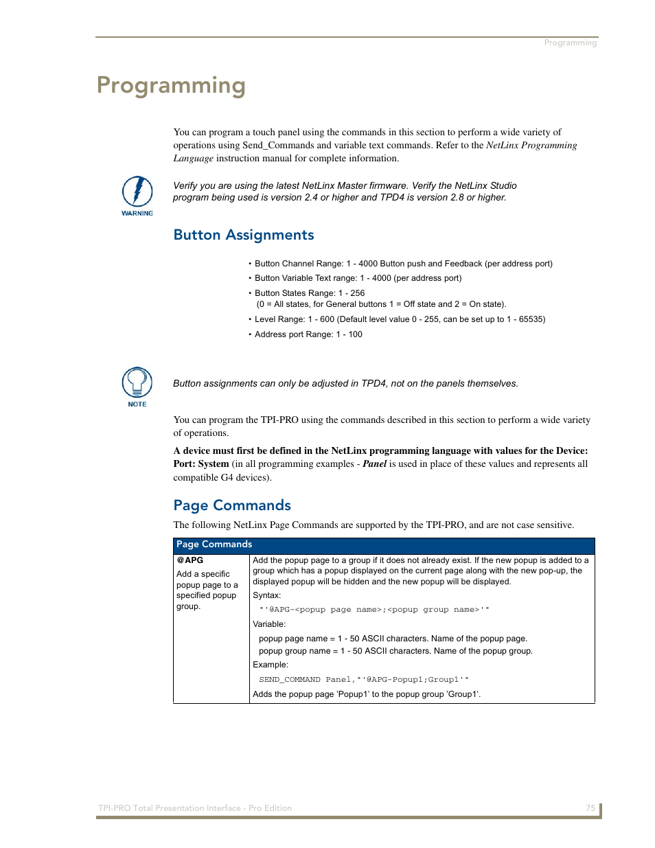 Programming, Button assignments, Page commands | AMX TPI-PRO-2 User Manual | Page 81 / 148