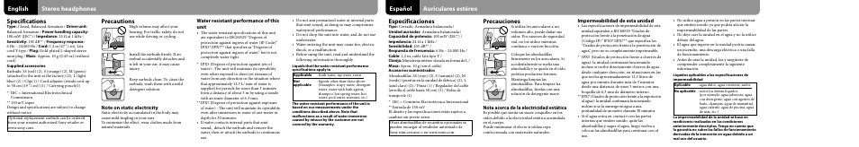 English stereo headphones specifications, Precautions, Español auriculares estéreo especificaciones | Precauciones | Sony XBA-S65 User Manual | Page 2 / 2