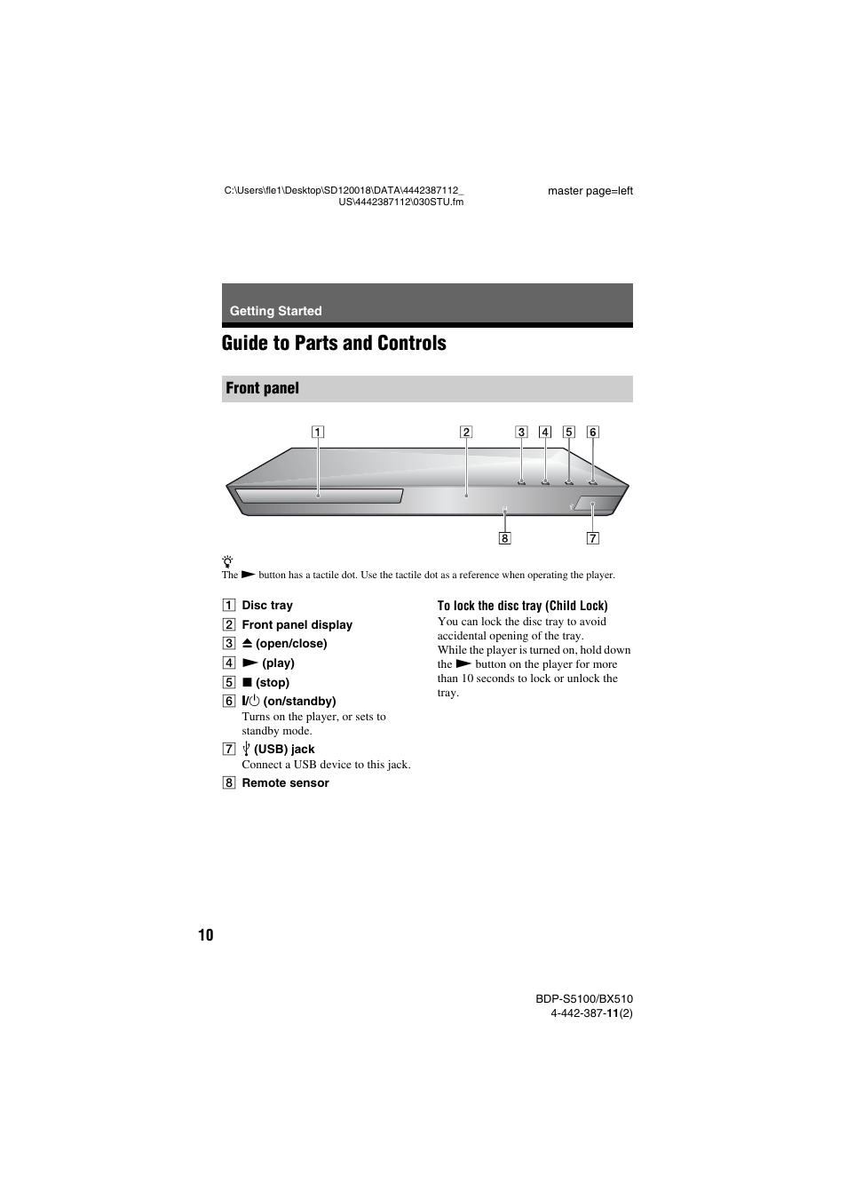 Getting started, Guide to parts and controls, Front panel | Sony BDP-BX510 User Manual | Page 10 / 44