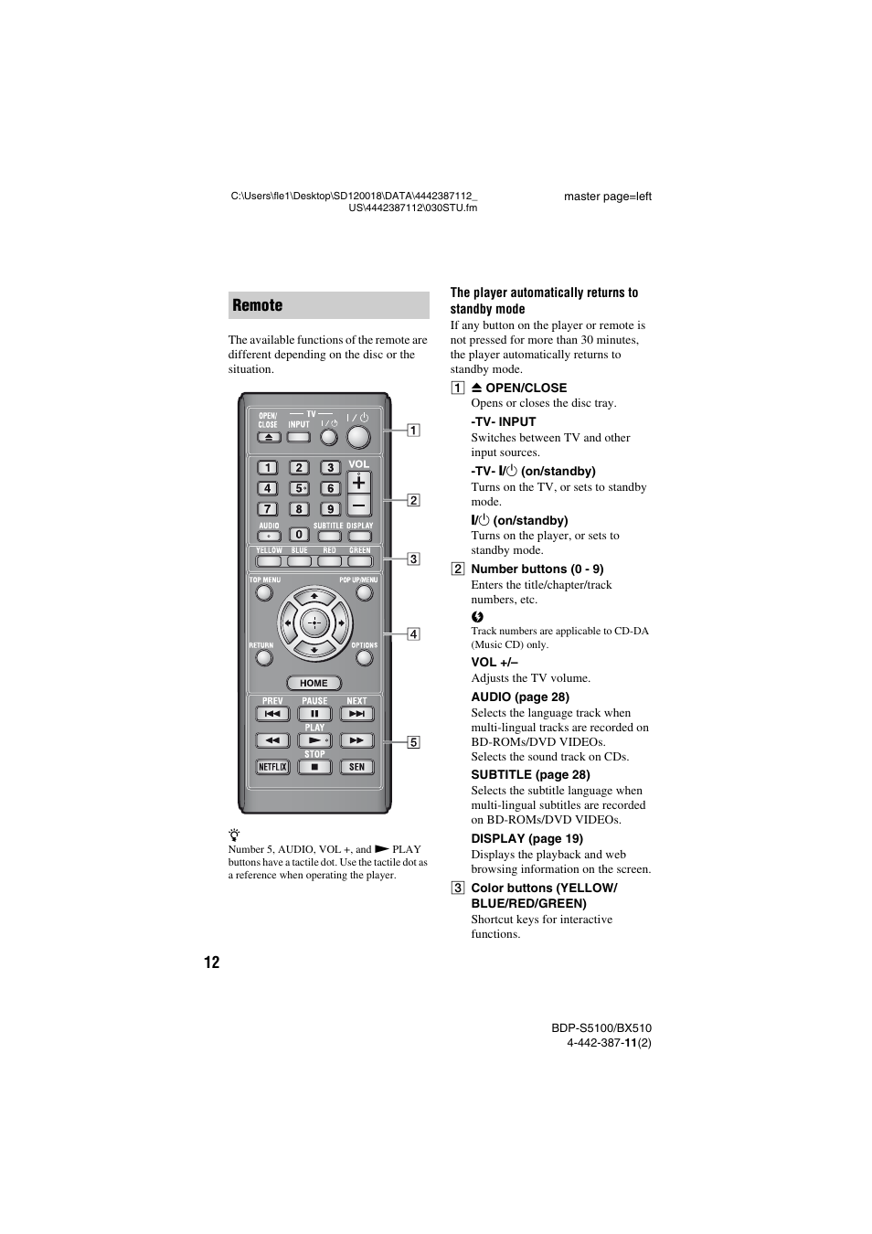 Remote | Sony BDP-BX510 User Manual | Page 12 / 44