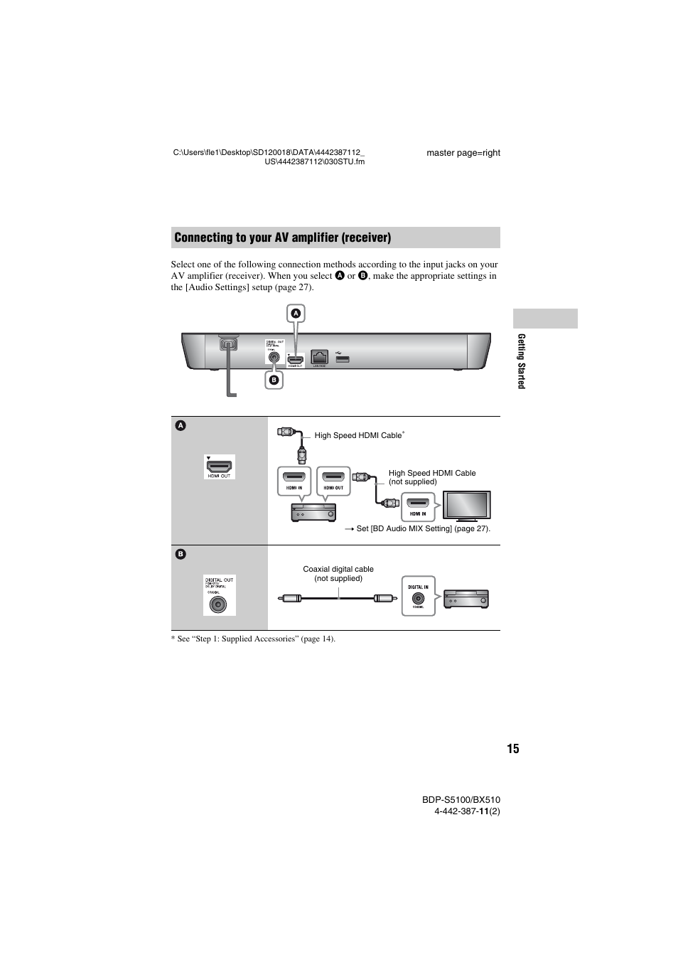 Connecting to your av amplifier (receiver) | Sony BDP-BX510 User Manual | Page 15 / 44