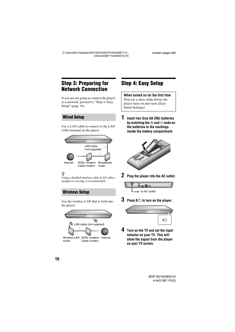 Step 3: preparing for network connection, Step 4: easy setup | Sony BDP-BX510 User Manual | Page 16 / 44